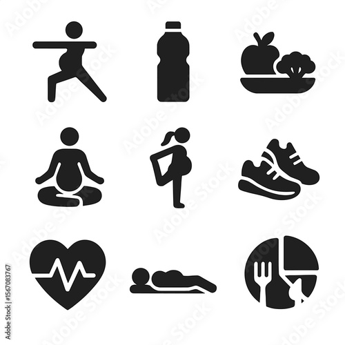 Fitness Wellness Icons. Solid, filled icon set of expecting fitness and wellness: yoga pose, water bottle, healthy meal,