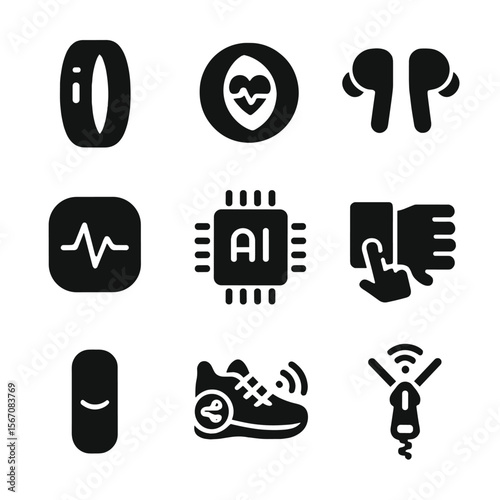 Fitness Tech Icons. Solid, filled icon set of fitness fashion tech: smart band, heart rate ring, fitness earbuds, smart fabric