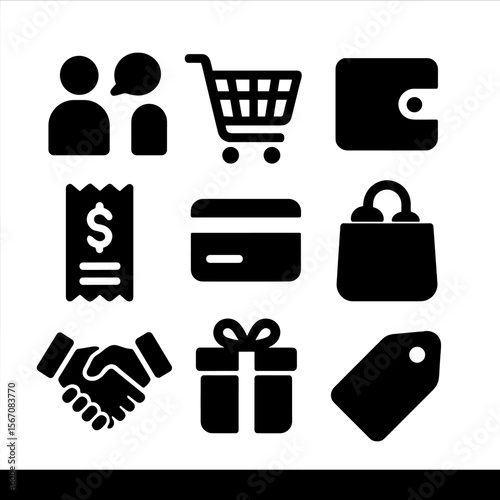 Flea Market Icons. Solid, filled icon set of flea market shopping activities: bargaining, shopping cart, wallet, receipt, credit