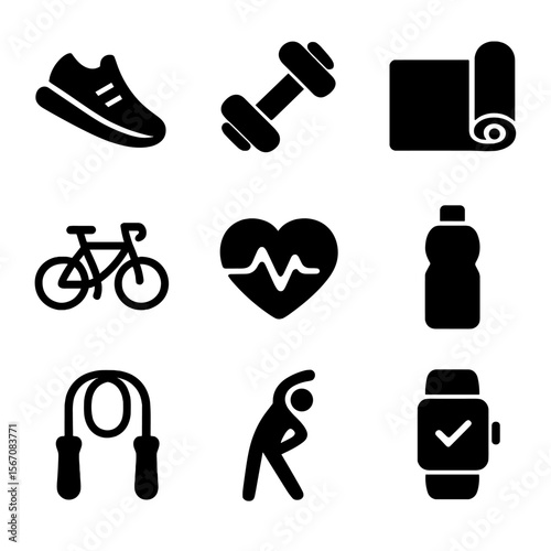 Fitness Icon Set. Solid, filled icon set of physical activity and fitness: running shoe, dumbbell, yoga mat, bicycle, heart rate