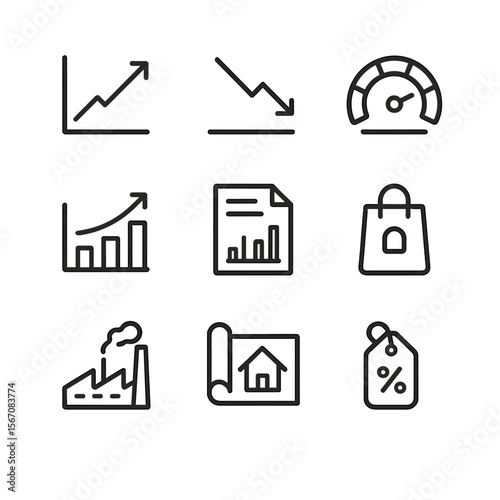 Economic Indicator Icons. Outline icon set of economic indicators monitoring: leading indicator icon, lagging indicator icon,