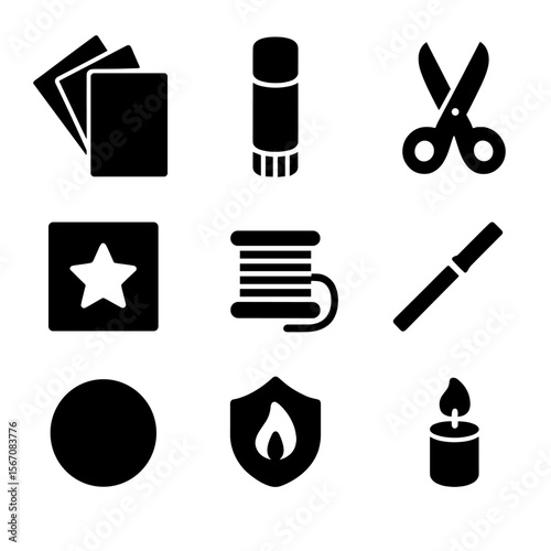 Lantern-Making Icon Set. Solid, filled icon set of lantern-making supplies: colored paper, glue stick, scissor, stencil, string