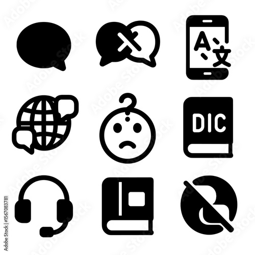 Language Barrier Icons. Solid, filled icon set of language barriers: speech bubble, crossed speech bubbles, translation app, globe