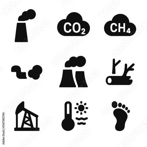 Greenhouse Gas Icons. Solid, filled icon set of greenhouse gas emissions: factory smokestack, carbon dioxide molecule, methane