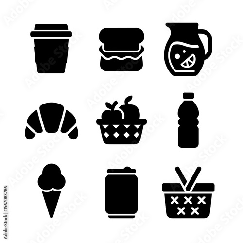 Flea Market Food Icons. Solid, filled icon set of flea market food and drinks: coffee cup, sandwich, lemonade jar, pastry, fruit