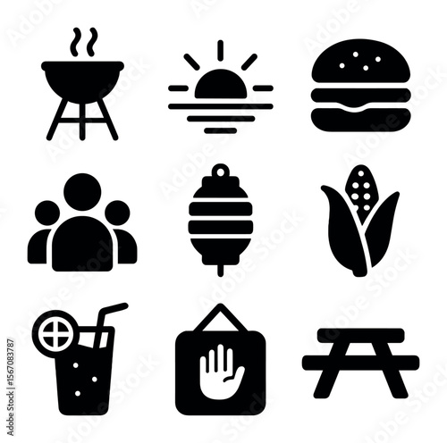 End-of-Summer Cookout Icons. Solid, filled icons set of end-of-summer cookout: grill, sunset, burger, group