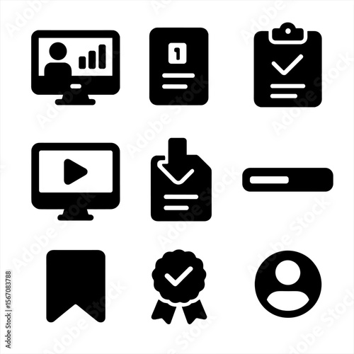 E-learning Tools Icons. Solid, filled icons set of e-learning tools: learning dashboard, course module, quiz