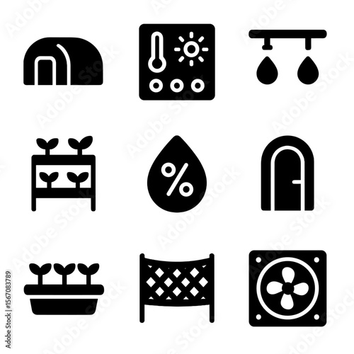 Greenhouse Farming Icons. Solid, filled icon set of greenhouse farming: poly tunnel, climate control panel, drip irrigation,