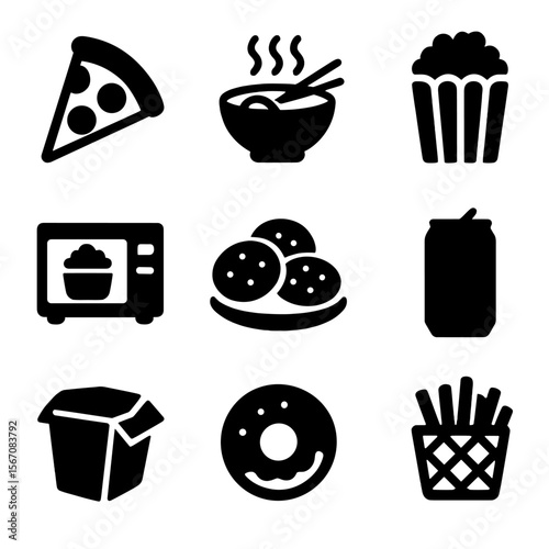 Late-Night Snack Icons. Solid, filled icon set of late-night table snacks: pizza slice, ramen bowl, microwave popcorn, cookie