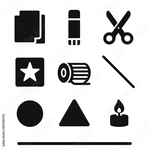 Lantern-Making Icon Set. Solid, filled icon set of lantern-making supplies: colored paper, glue stick, scissor, stencil, string