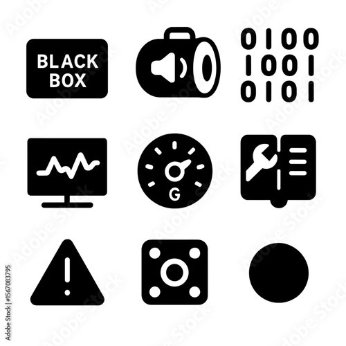 Flight Monitoring Icons. Solid, filled icon set of flight data monitoring: black box, cockpit voice recorder, data stream icon,