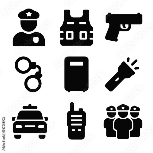 Law Enforcement Icons. Solid, filled icon set of law enforcement during a raid: police officer, tactical vest, gun, handcuffs,