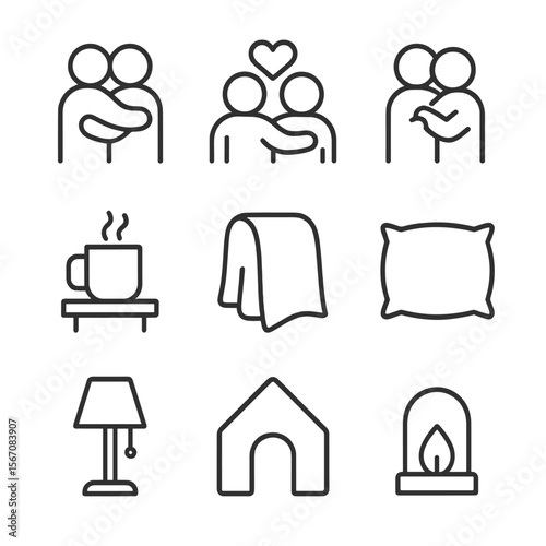 Embrace Icon Set. Outline icon set of comforting embrace moments: two figures hugging, heart above shoulders, arms wrapped around,