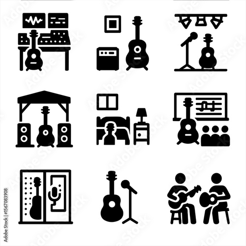 Guitar Tuning Icon Set. Solid, filled icon set of guitar tuning environments: music studio, practice room, concert hall, outdoor