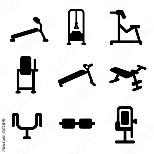 Gym Equipment Icons. Solid, filled icon set of gym ab machines: ab crunch bench, cable crunch setup, Roman chair, captain’s chair,