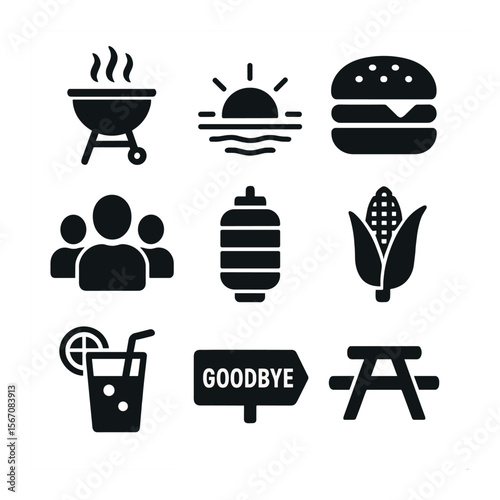End-of-Summer Cookout Icons. Solid, filled icons set of end-of-summer cookout: grill, sunset, burger, group