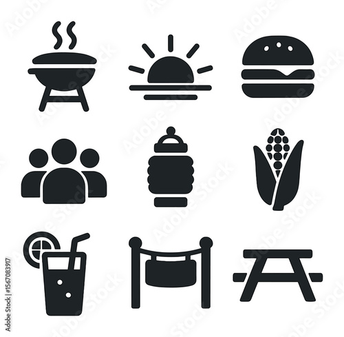 End-of-Summer Cookout Icons. Solid, filled icons set of end-of-summer cookout: grill, sunset, burger, group