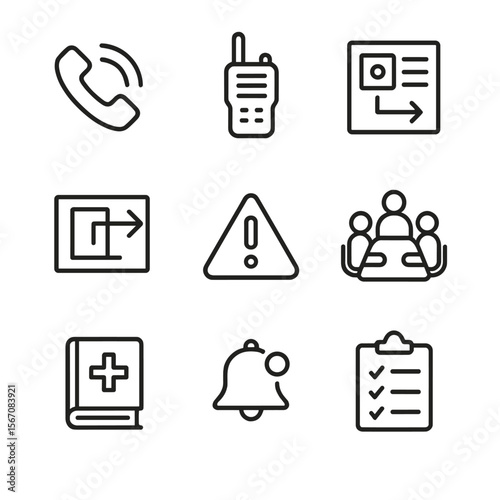 Emergency Icon Collection. Outline icon set of emergency coordination and communication: emergency call phone, radio handset,