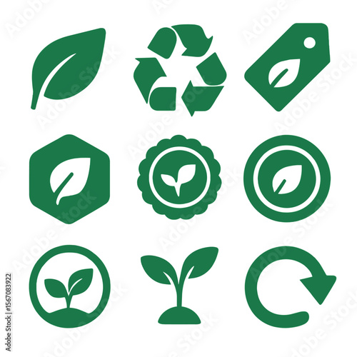 Eco Icon Set. Solid, filled icons set of green label design with eco vibes: leaf icon, recycled badge,