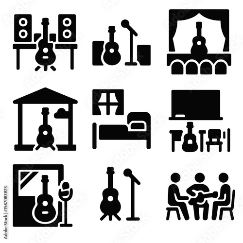 Guitar Tuning Icon Set. Solid, filled icon set of guitar tuning environments: music studio, practice room, concert hall, outdoor