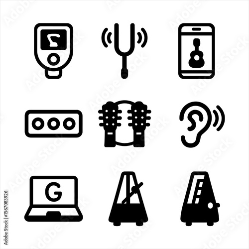 Guitar Tuning Icons. Solid, filled icon set of guitar tuning methods: electronic tuner, tuning fork, smartphone app, pitch pipe,