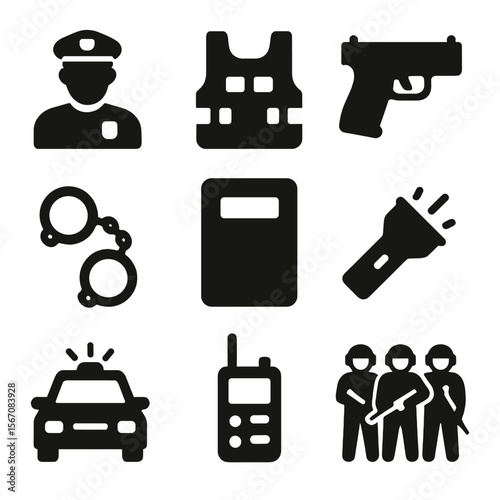 Law Enforcement Icons. Solid, filled icon set of law enforcement during a raid: police officer, tactical vest, gun, handcuffs,