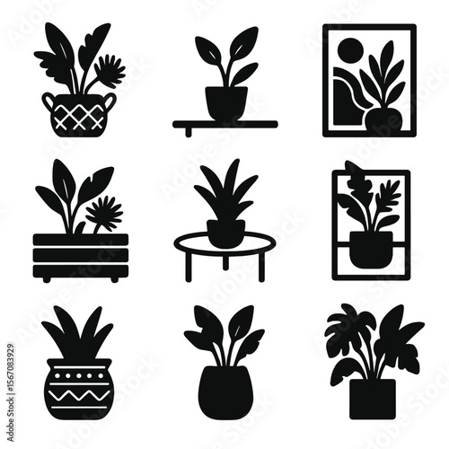 Eclectic Plant Icon Grid. Solid, filled icons set of mixing tropical plants with other styles: boho planter,