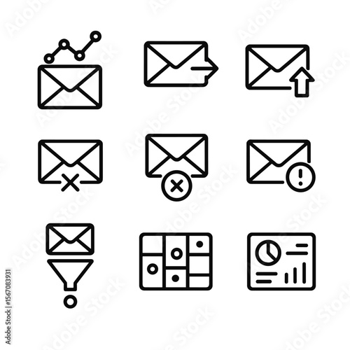 Email Analytics Icons. Outline icon set of email analytics and performance tracking: open rate graph, click-through arrow, bounce