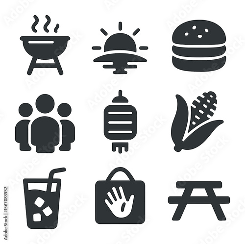 Summer Cookout Icons. Solid, filled icons set of end-of-summer cookout: grill, sunset, burger, group icon,