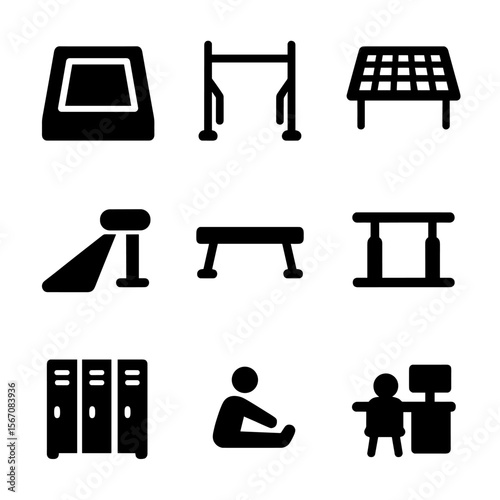 Gymnastics Icon Grid. Solid, filled icon set of gymnastics training facility: gym floor, uneven bars, trampoline, vault runway,