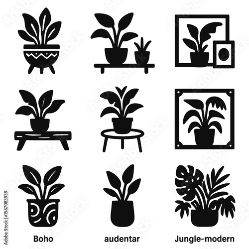 Eclectic Plant Icon Grid. Solid, filled icons set of mixing tropical plants with other styles: boho planter,
