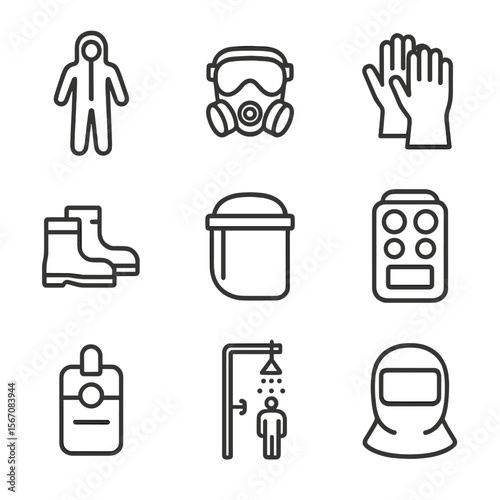 Emergency Equipment Icons. Outline icon set of emergency response equipment and PPE: hazmat suit, respirator mask,