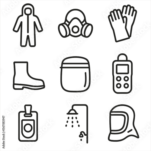 Emergency Equipment Icons. Outline icon set of emergency response equipment and PPE: hazmat suit, respirator mask,