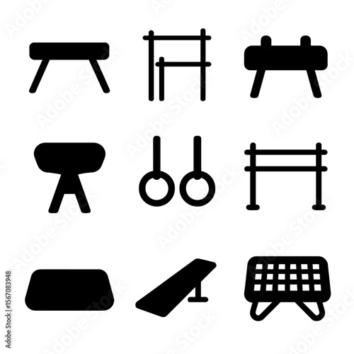 Gymnastics Apparatus Icons. Solid, filled icon set of gymnastics apparatus: balance beam, uneven bars, pommel horse, vault, rings,