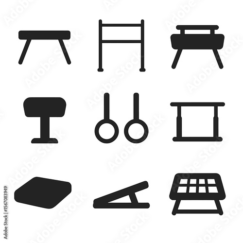 Gymnastics Apparatus Icons. Solid, filled icon set of gymnastics apparatus: balance beam, uneven bars, pommel horse, vault, rings,