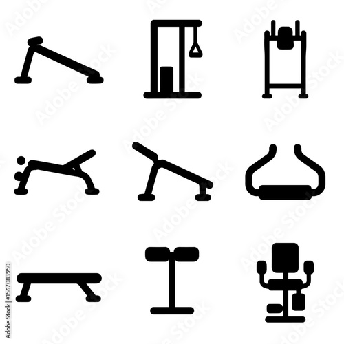 Gym Equipment Icons. Solid, filled icon set of gym ab machines: ab crunch bench, cable crunch setup, Roman chair, captain’s chair,