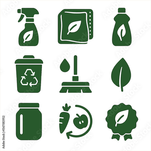 Eco Cleaning Icons Grid. Solid, filled icons set of green cleaning habits: eco spray bottle, reusable cloth,