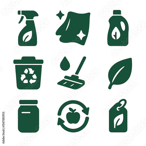 Eco Cleaning Icons Grid. Solid, filled icons set of green cleaning habits: eco spray bottle, reusable cloth,