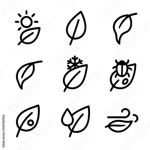 Leaf Response Icons. Solid, filled icon set of leaf environmental responses: sun leaf, shade leaf, wilted leaf, curled leaf, frost