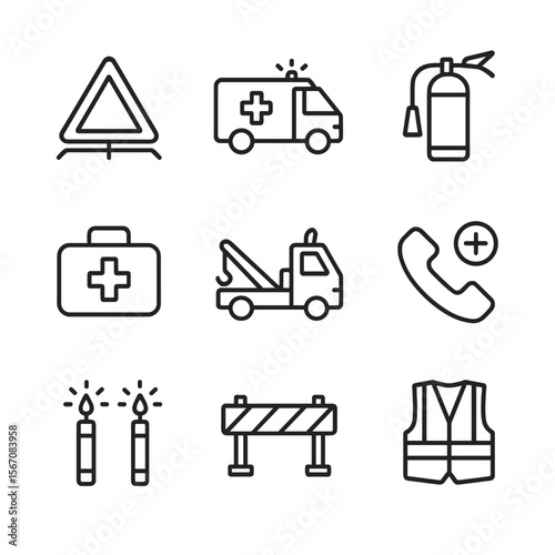 Emergency Icons Grid. Outline icon set of emergency response and accident management: warning triangle emergency, ambulance icon,