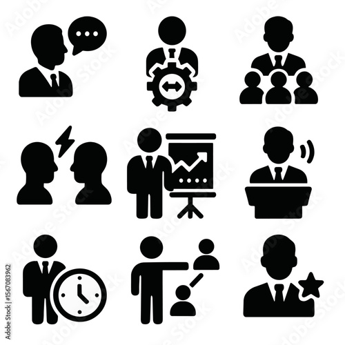 Leadership Skills Icons. Solid, filled icon set of leadership skills in education: communication, decision making, team building,