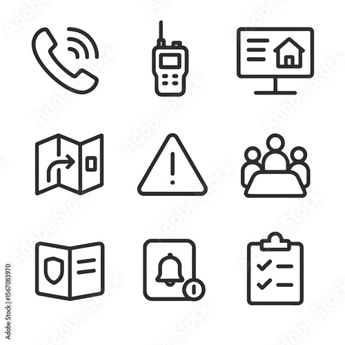 Emergency Icon Collection. Outline icon set of emergency coordination and communication: emergency call phone, radio handset,