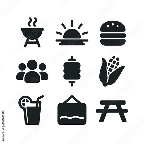 End of Summer Icons. Solid, filled icons set of end-of-summer cookout: grill, sunset, burger, group icon,