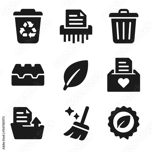 Eco Icon Collection. Solid, filled icons set of paper decluttering and recycling: recycle bin, shredder, trash