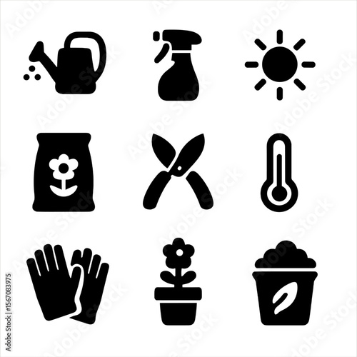 Flower Care Icons. Solid, filled icon set of flower care: watering can, spray bottle, sunlight, fertilizer, pruning shears,