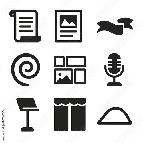 Theatrical Storytelling Icons. Flat icon set of theatrical storytelling devices: scroll script, storyboard panel, narrative ribbon