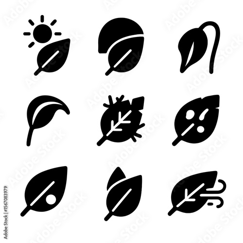 Leaf Response Icons. Solid, filled icon set of leaf environmental responses: sun leaf, shade leaf, wilted leaf, curled leaf, frost