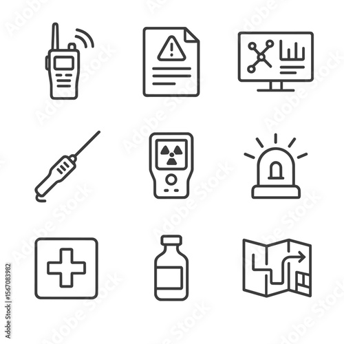 Emergency Monitoring Icons. Outline icon set of monitoring, communication and coordination: handheld radio, incident report form,