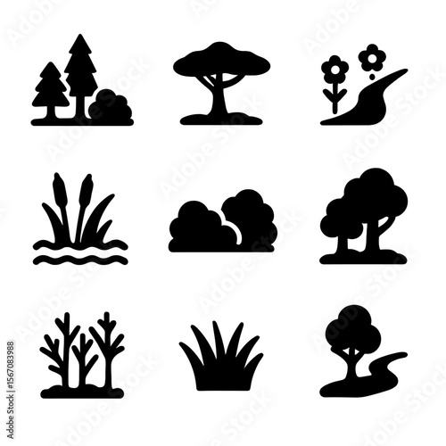 Habitat Zone Icons. Solid, filled icon set of habitat zones improved by burns: forest edge, open savanna, meadow path, wetland