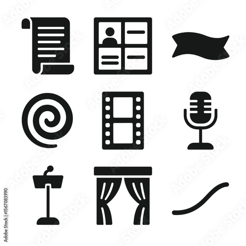 Theatrical Storytelling Icons. Solid, Filled icon set of theatrical storytelling devices: scroll script, storyboard panel,